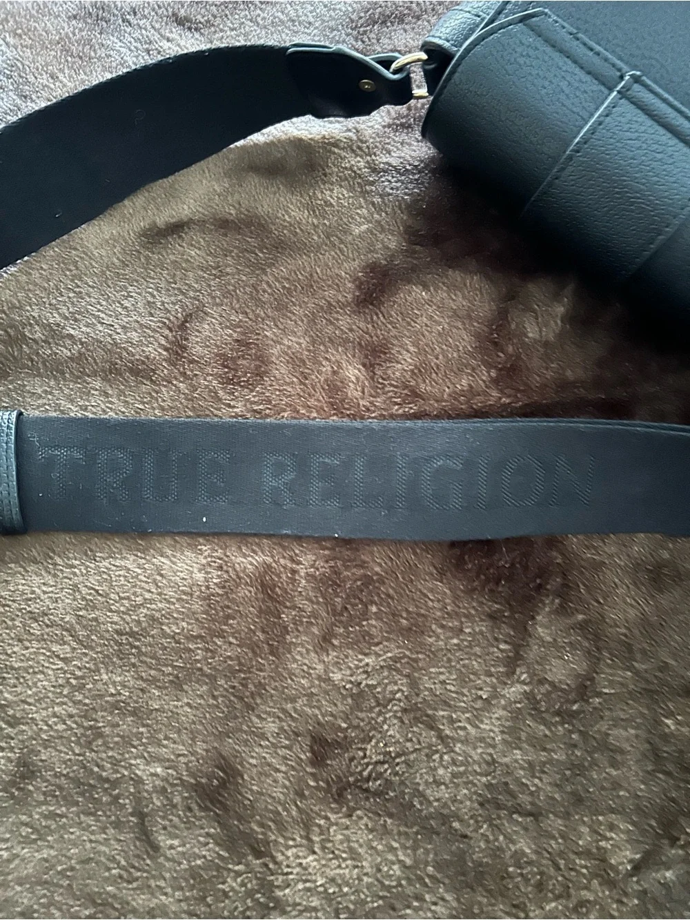 True Religion Black Crossbody Bag with Gold Horseshoe Accent